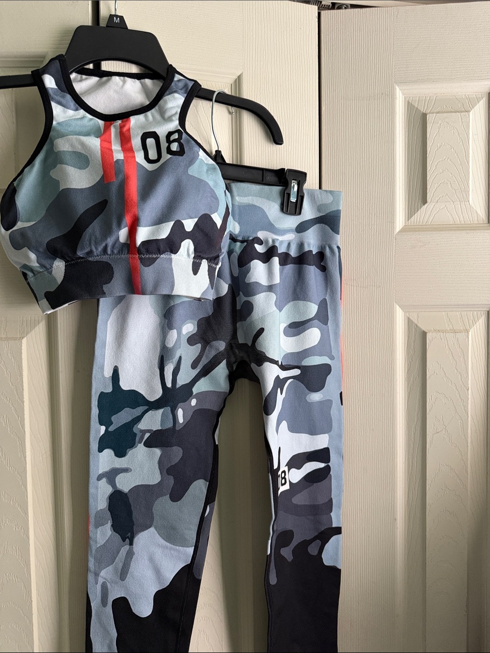 Women’s Camouflage Leggings in Blue & Gray with Red Stripe - Active Bottoms